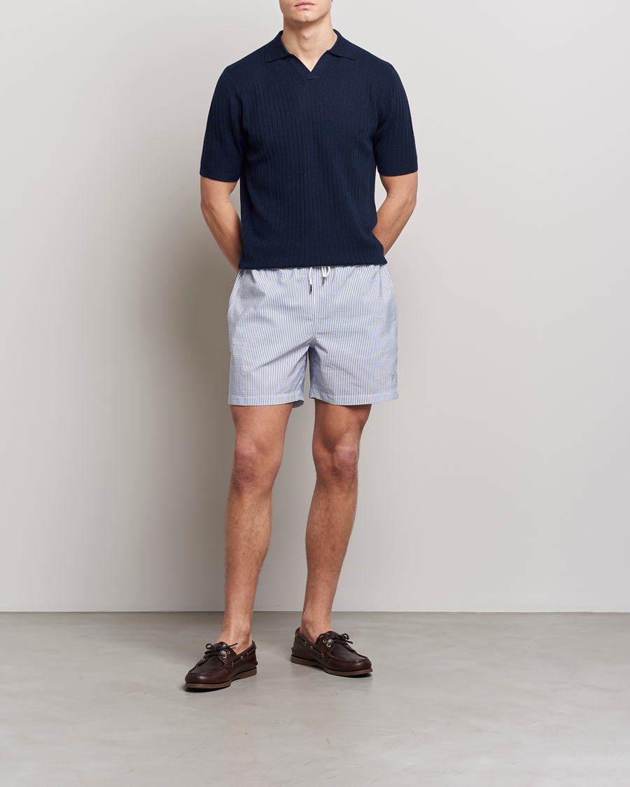 Herren | Poloshirts | Stenströms | Merino/Lyocell Ribbed Open Collar Polo Navy