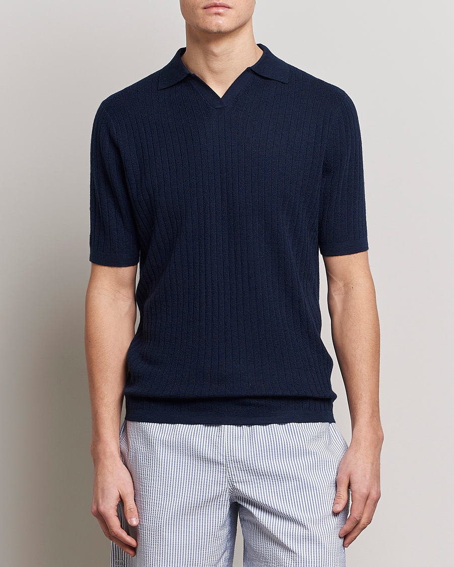 Herren | Poloshirts | Stenströms | Merino/Lyocell Ribbed Open Collar Polo Navy