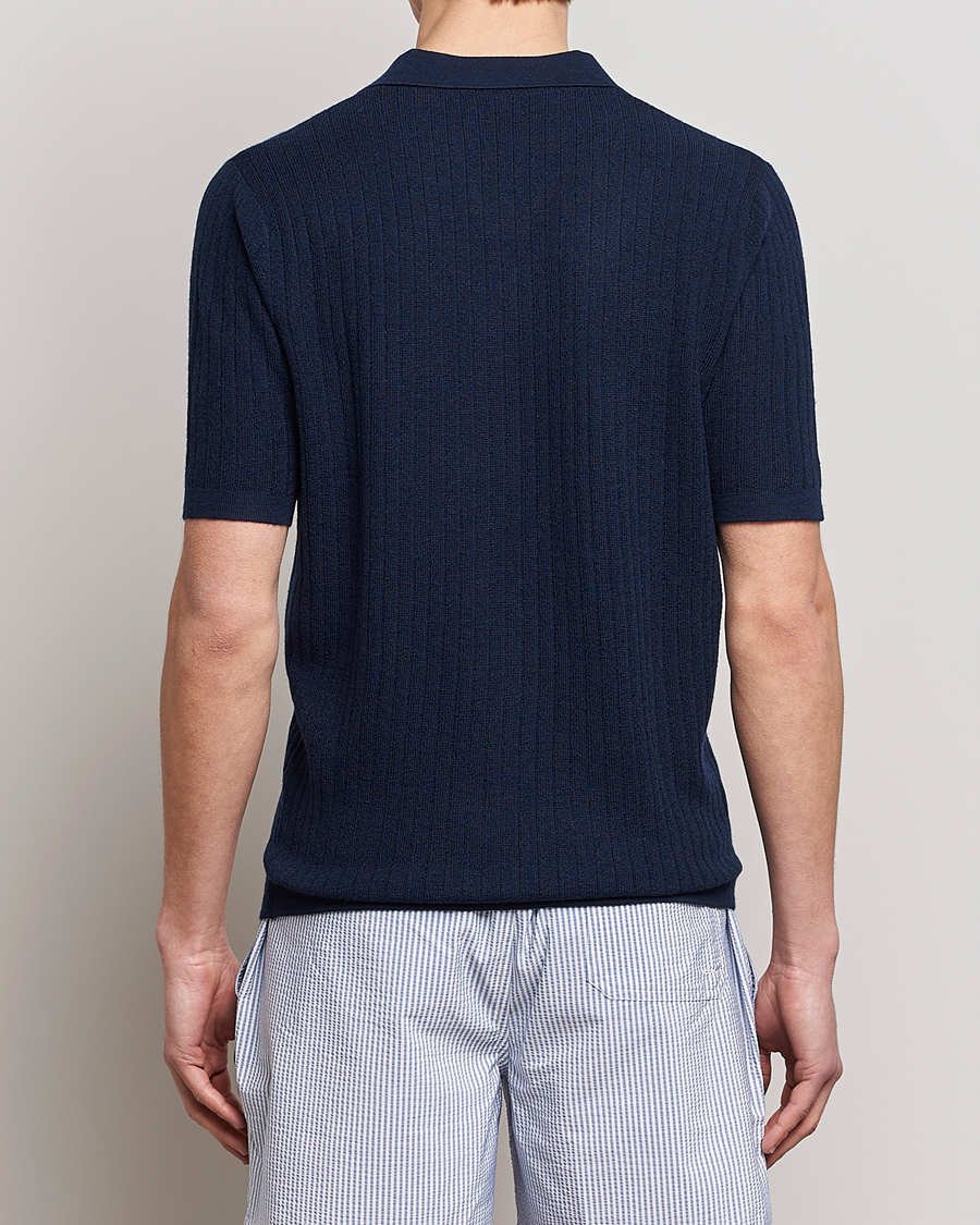 Herren | Poloshirts | Stenströms | Merino/Lyocell Ribbed Open Collar Polo Navy