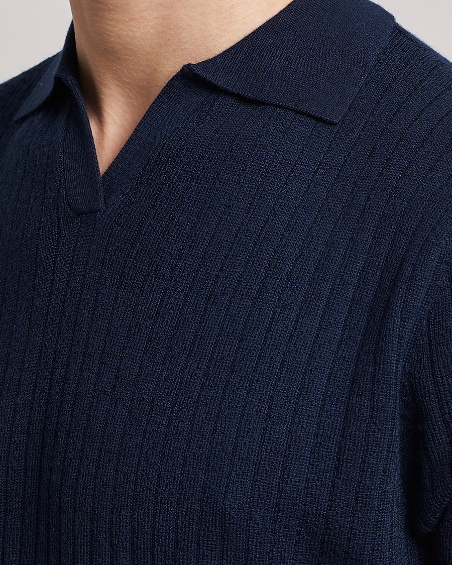 Herren | Poloshirts | Stenströms | Merino/Lyocell Ribbed Open Collar Polo Navy