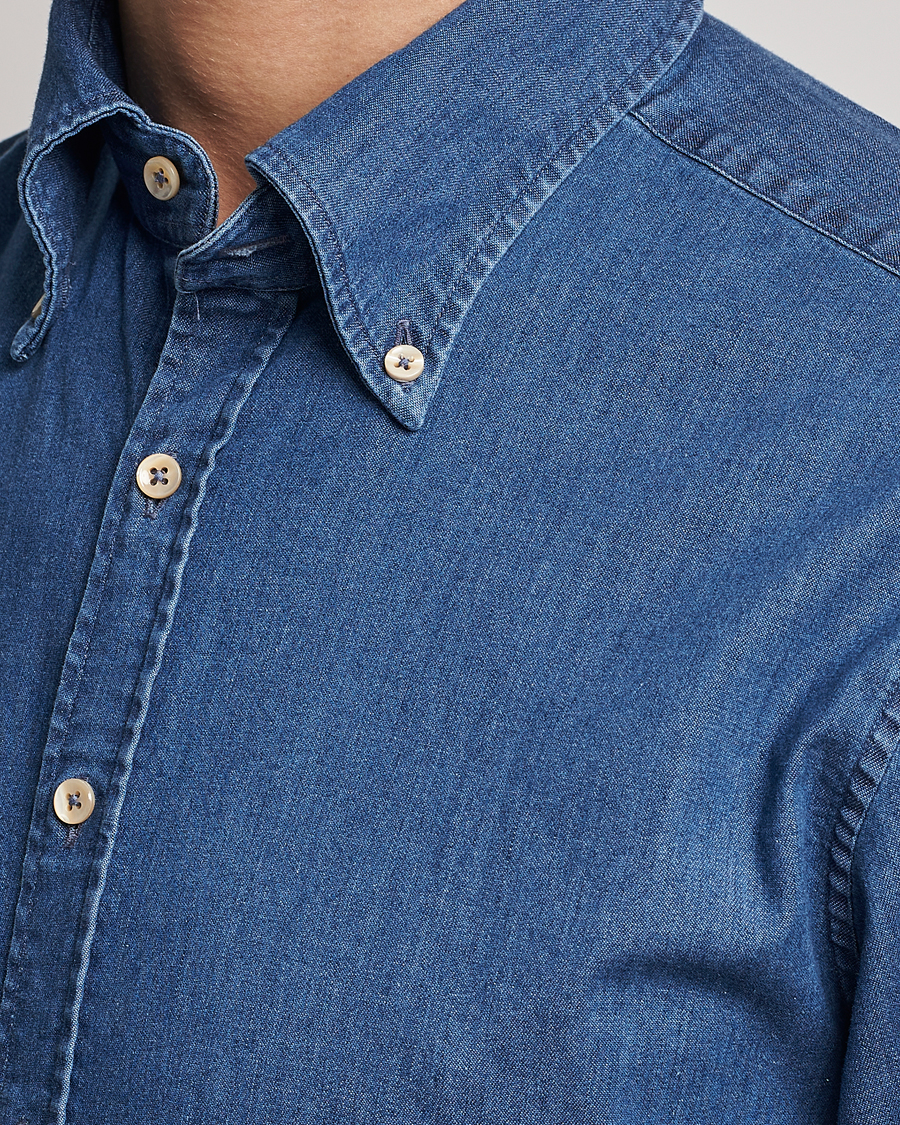 Herren | Hemden | Stenströms | Fitted Body Button Down Garment Washed Shirt Mid Blue Denim