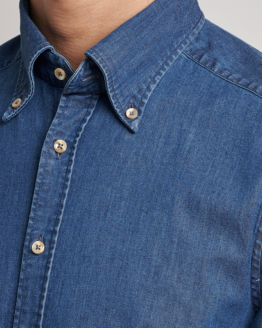 Herren | Hemden | Stenströms | Slimline Button Down Garment Washed Shirt Mid Blue Denim