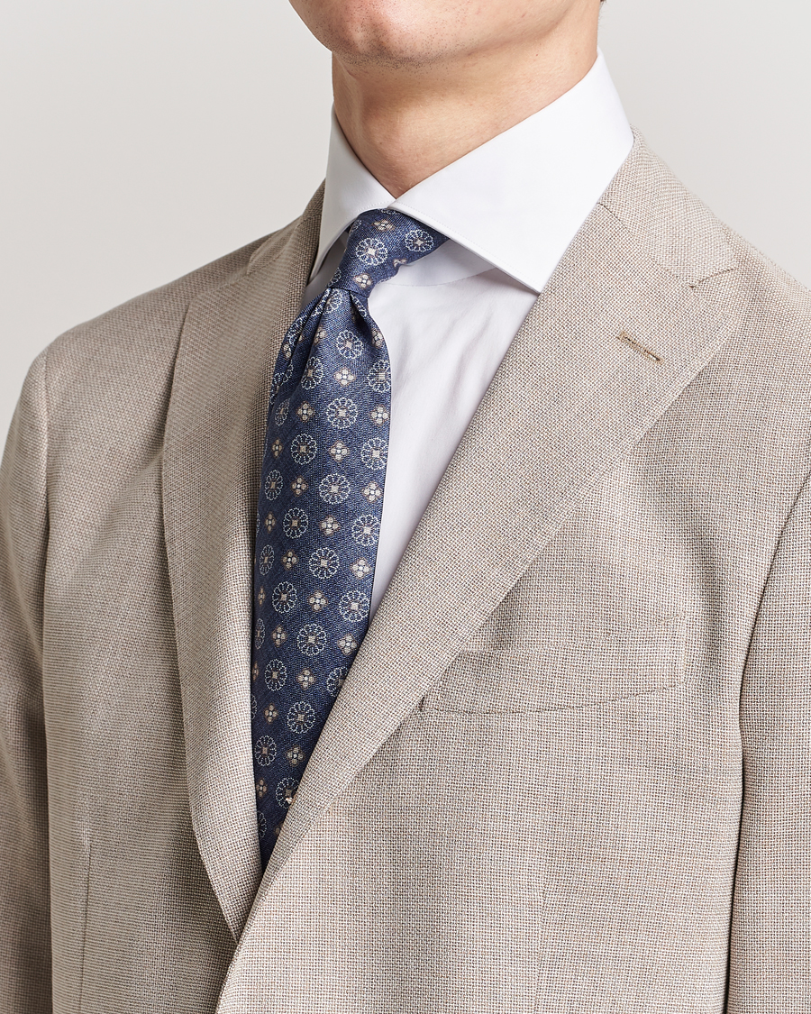 Herren | Stenströms Flower Printed Silk Tie Navy | Stenströms | Flower Printed Silk Tie Navy