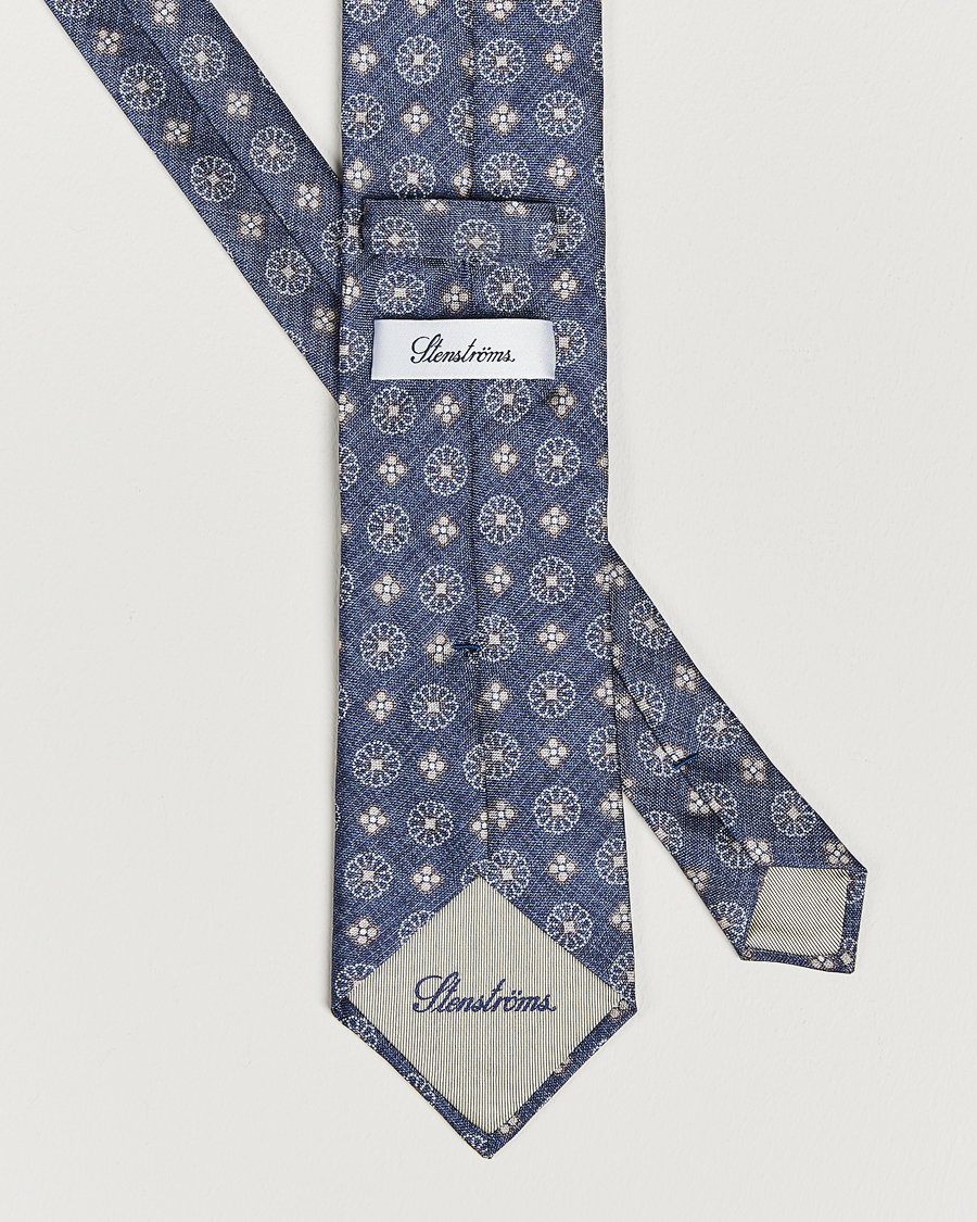 Herren | Stenströms Flower Printed Silk Tie Navy | Stenströms | Flower Printed Silk Tie Navy