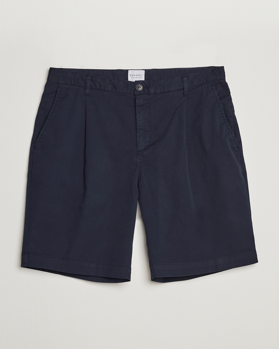 Herren | Shorts | Sunspel | Pleated Stretch Cotton Twill Shorts Navy