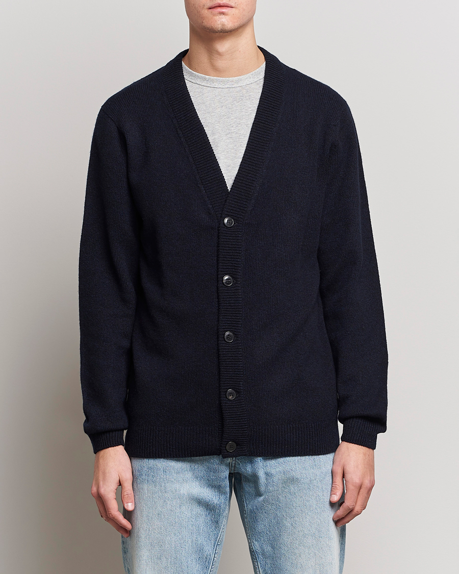 Herren | Pullover | Sunspel | Lambswool Cardigan Dark Navy Mouline