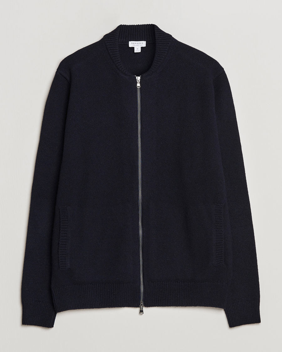 Herren | Jacken | Sunspel | Knitted Lambswool/Cashmere Bomber Jacket Navy