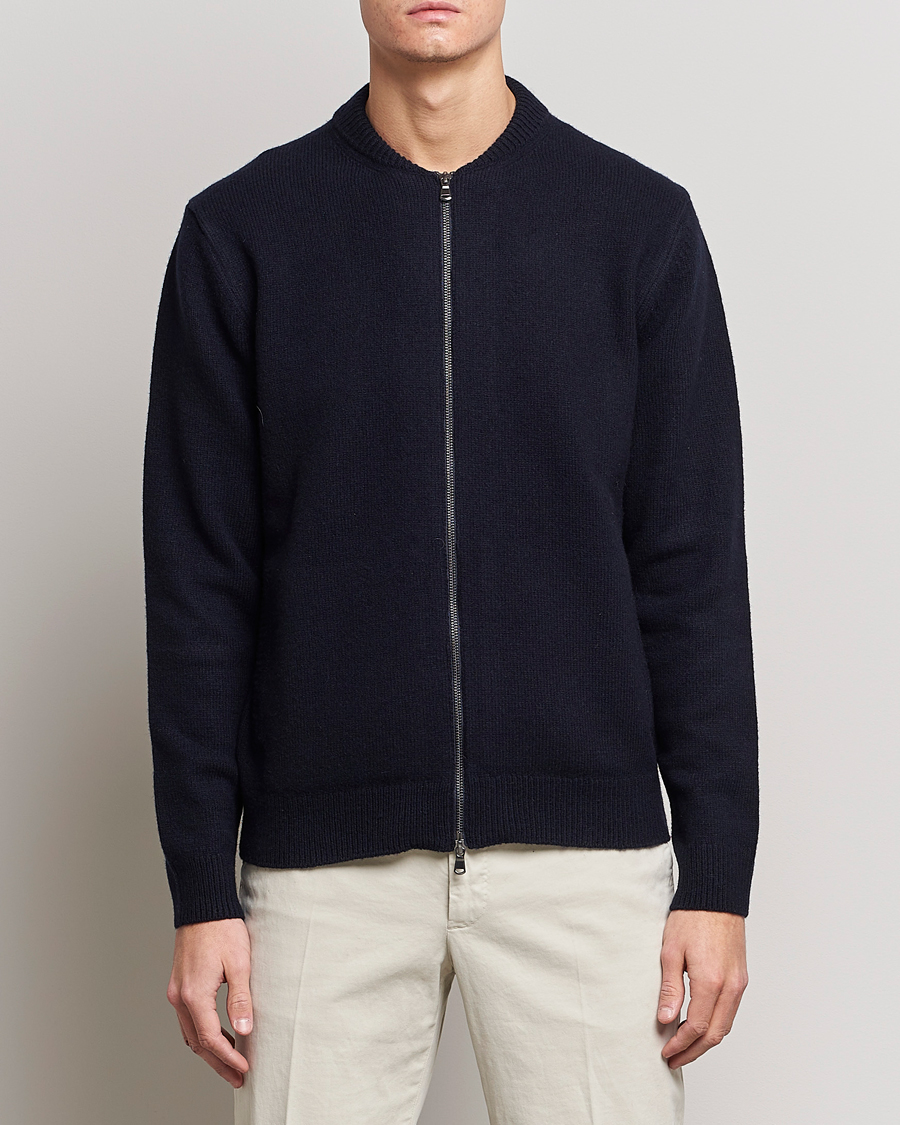 Herren | Jacken | Sunspel | Knitted Lambswool/Cashmere Bomber Jacket Navy