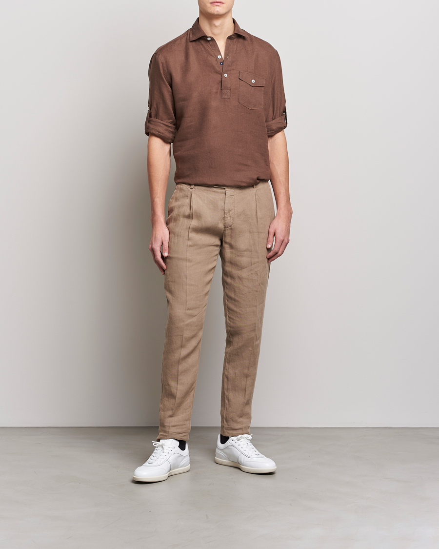 Herren | Hemden | Lardini | Relaxed Linen Popover Shirt Brown