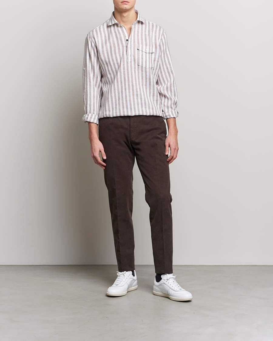 Herren | Hemden | Lardini | Relaxed Striped Linen Popover Shirt Brown/White