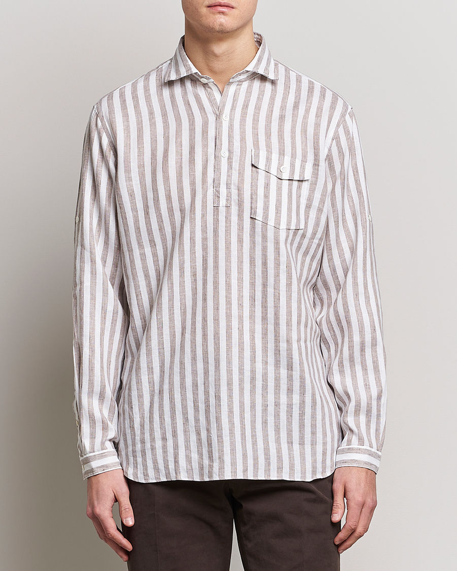 Herren | Hemden | Lardini | Relaxed Striped Linen Popover Shirt Brown/White