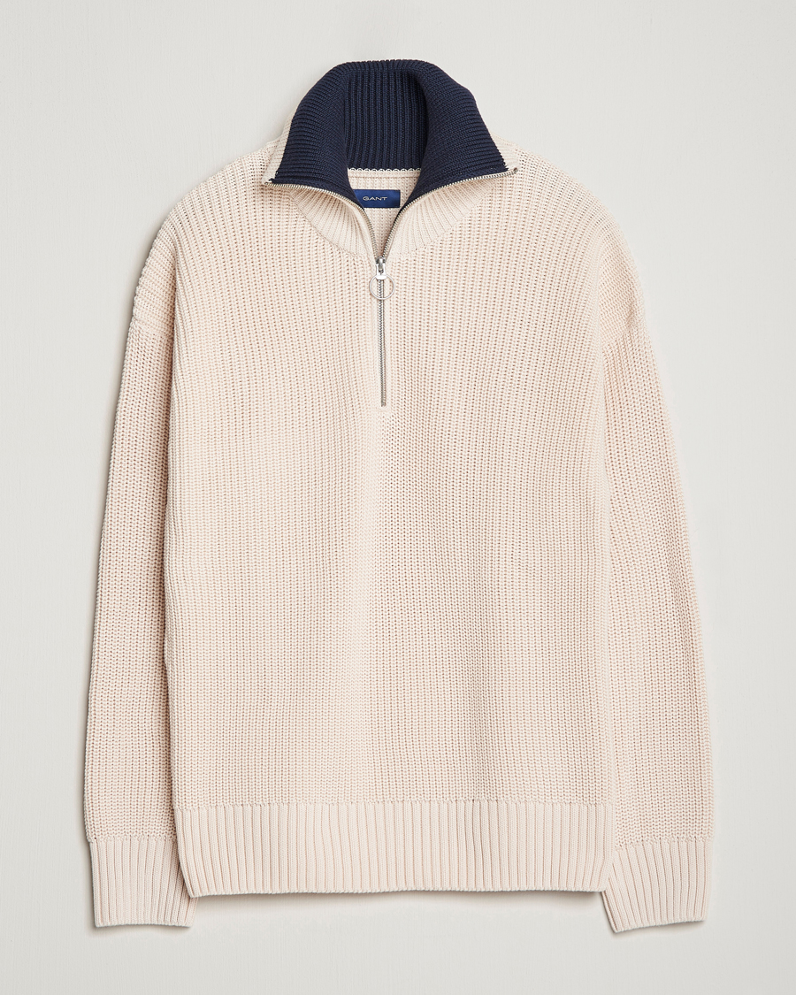 Herren | Pullover | GANT | Chunky Ribbed Knitted Half-Zip Linen White