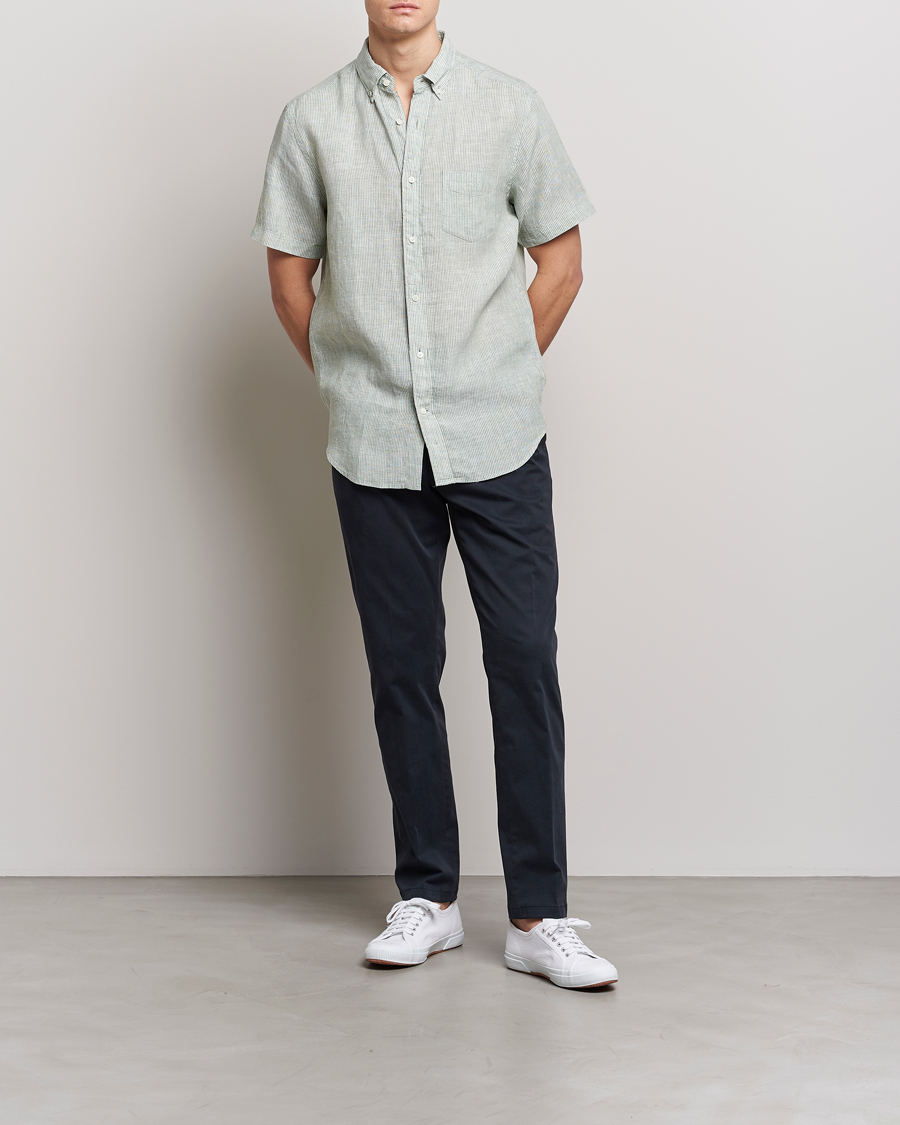 Herren | Hemden | GANT | Regular Fit Striped Linen Short Sleeve Shirt Calamata Green