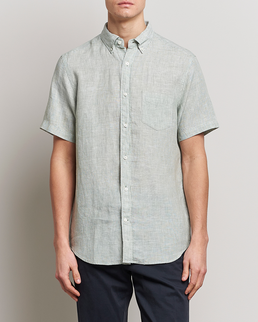 Herren | Hemden | GANT | Regular Fit Striped Linen Short Sleeve Shirt Calamata Green