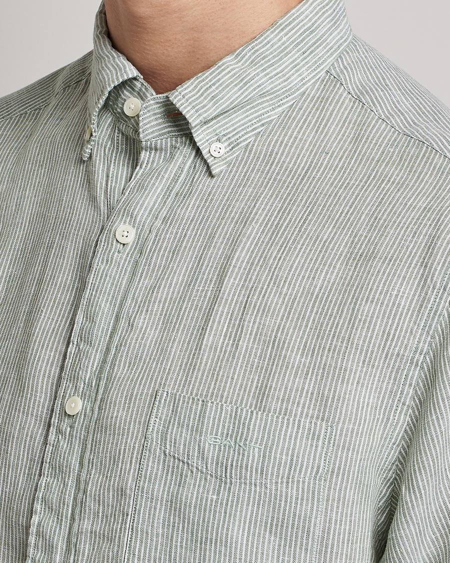 Herren | Hemden | GANT | Regular Fit Striped Linen Short Sleeve Shirt Calamata Green