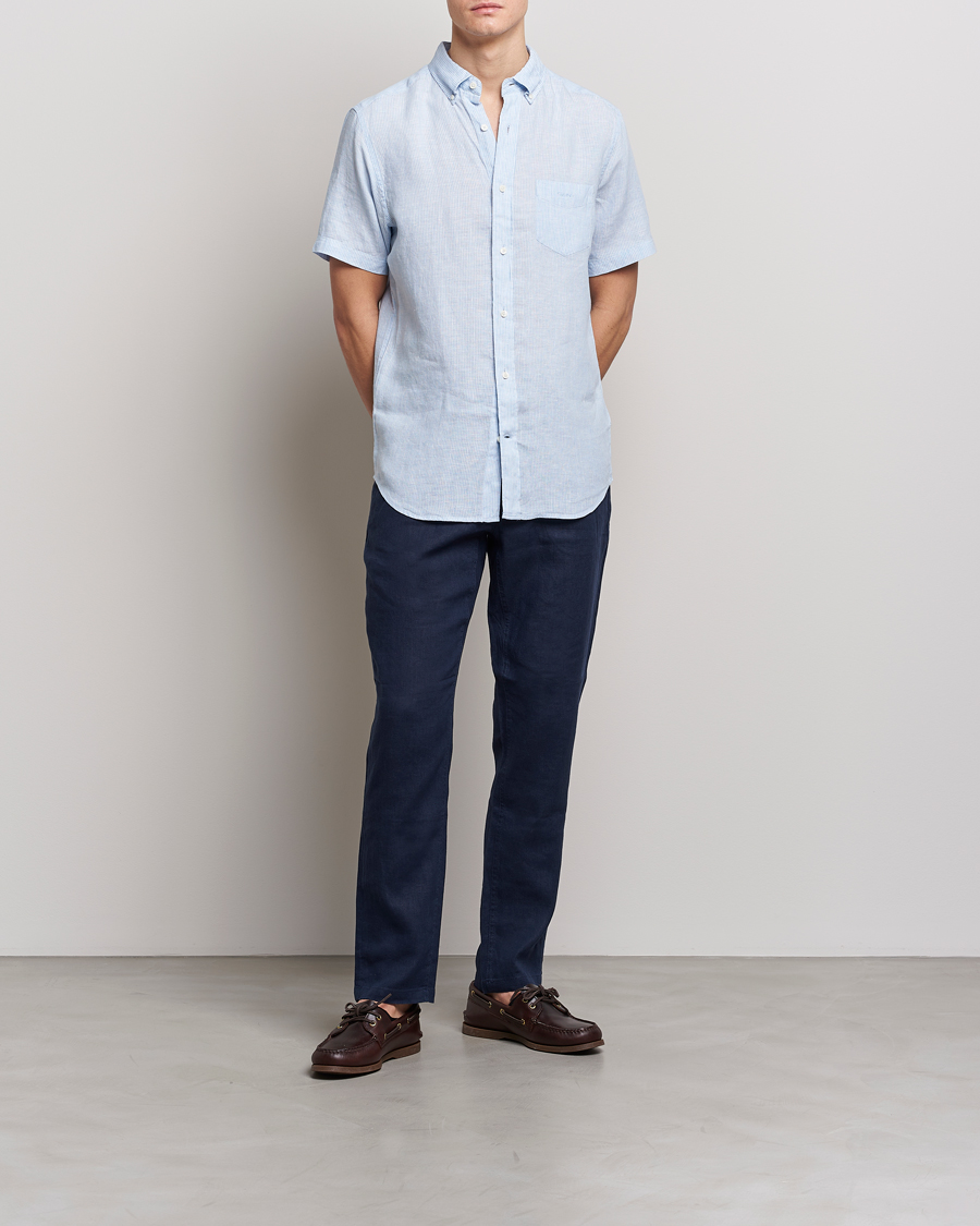 Herren | Hemden | GANT | Regular Fit Striped Linen Short Sleeve Shirt Capri Blue