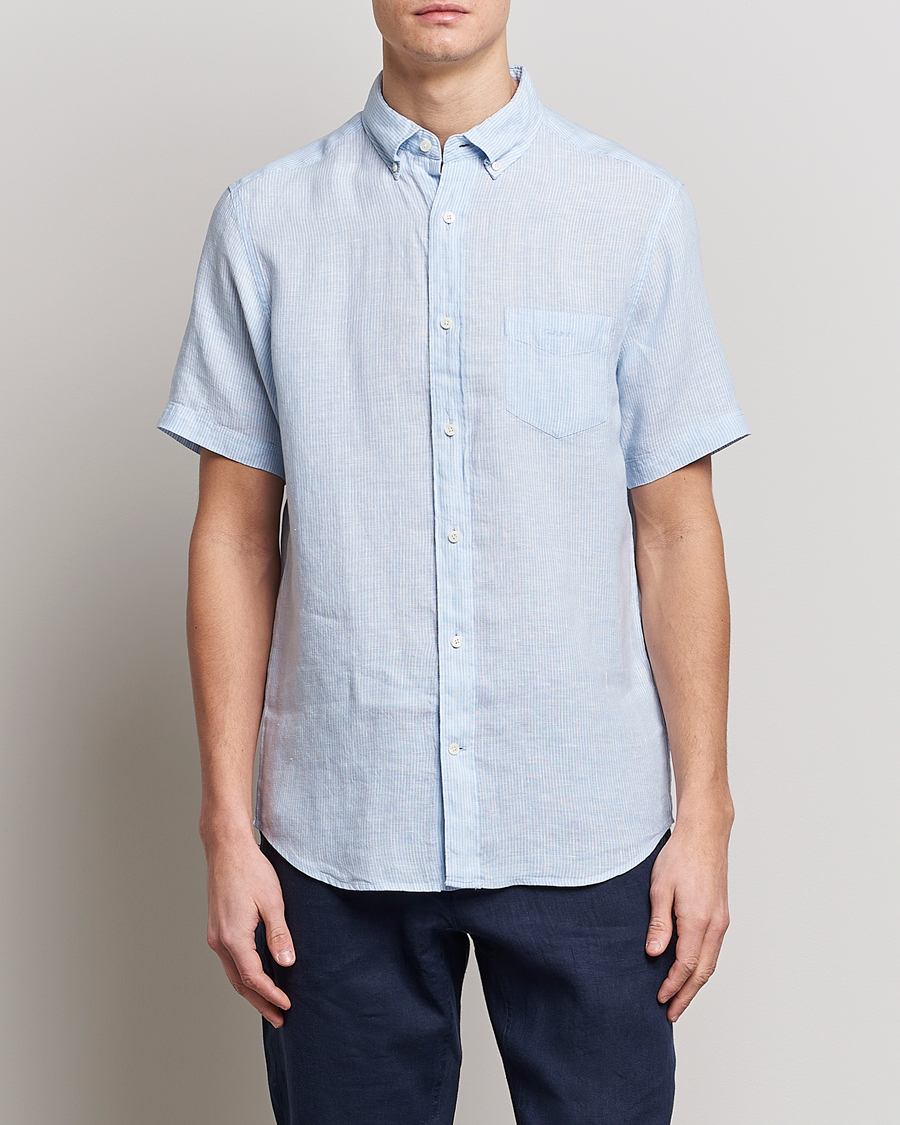 Herren | Hemden | GANT | Regular Fit Striped Linen Short Sleeve Shirt Capri Blue