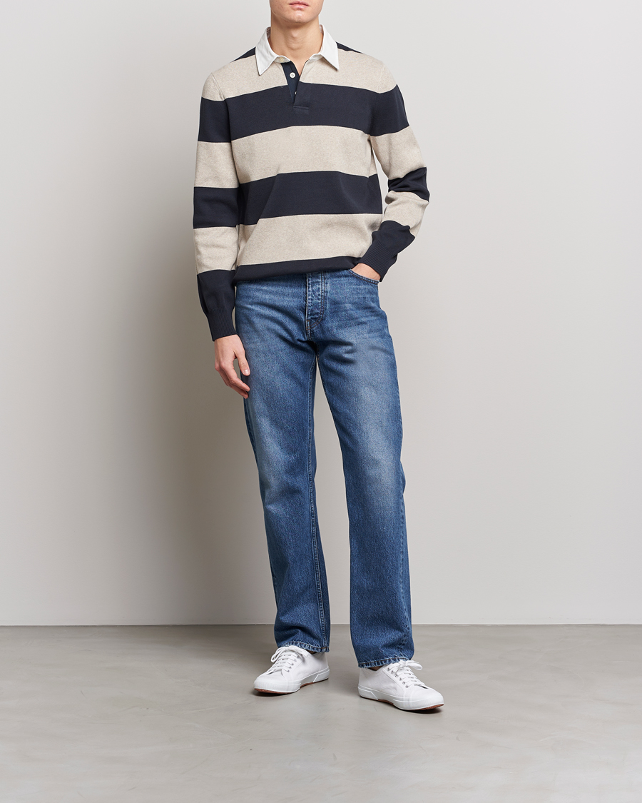 Herren | Pullover | Morris | George Knitted Striped Rugger Grey/Navy