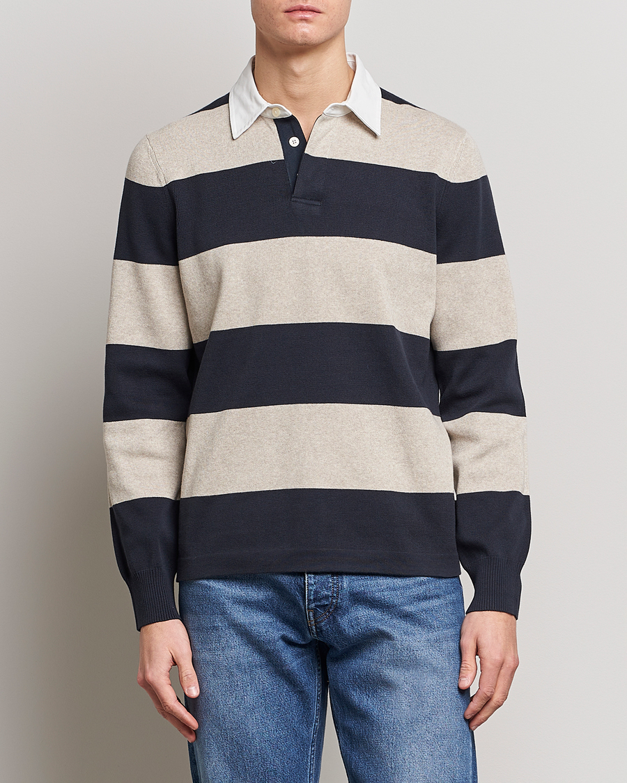 Herren | Pullover | Morris | George Knitted Striped Rugger Grey/Navy