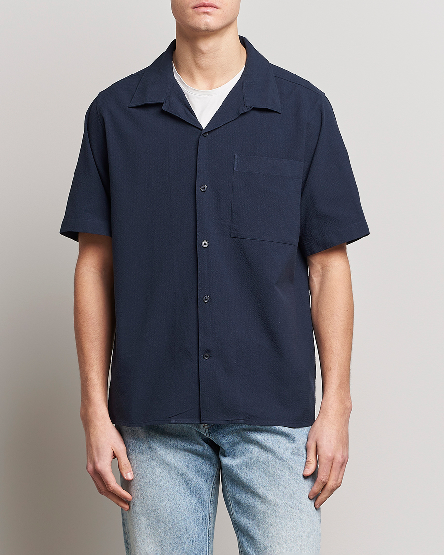 Herren | Freizeithemden | NN07 | Julio Seersucker Short Sleeve Shirt Navy Blue
