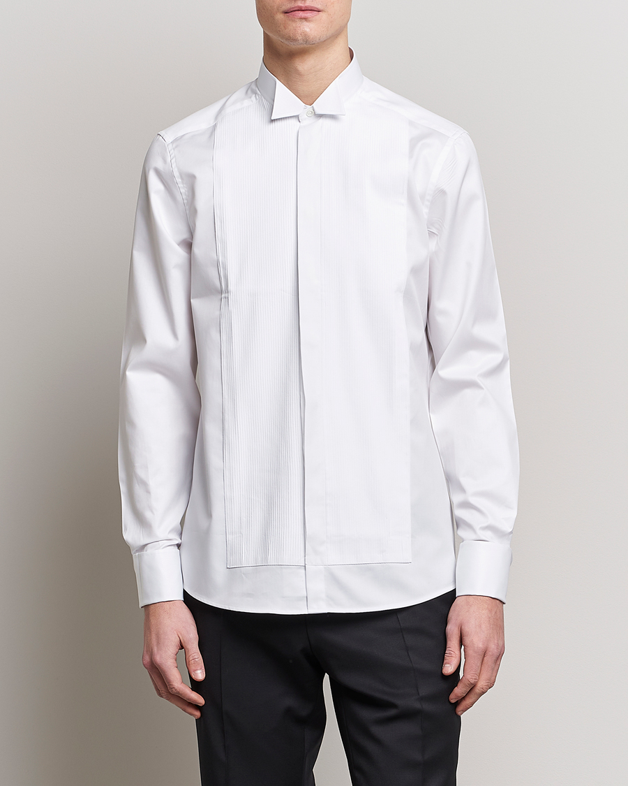 Herren |  | Stenströms | Slimline Stand Up Collar Plissè Shirt White