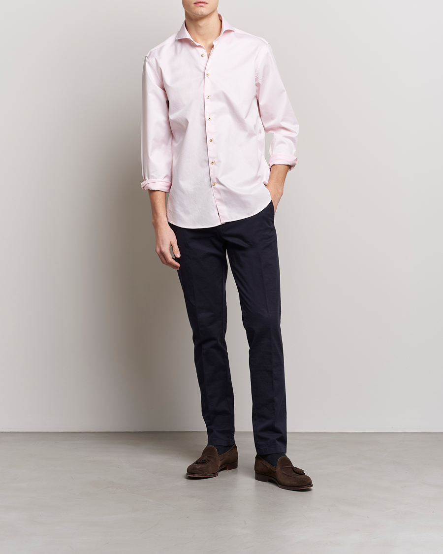 Herren | Hemden | Stenströms | Fitted Body Washed Cotton Plain Shirt Pink