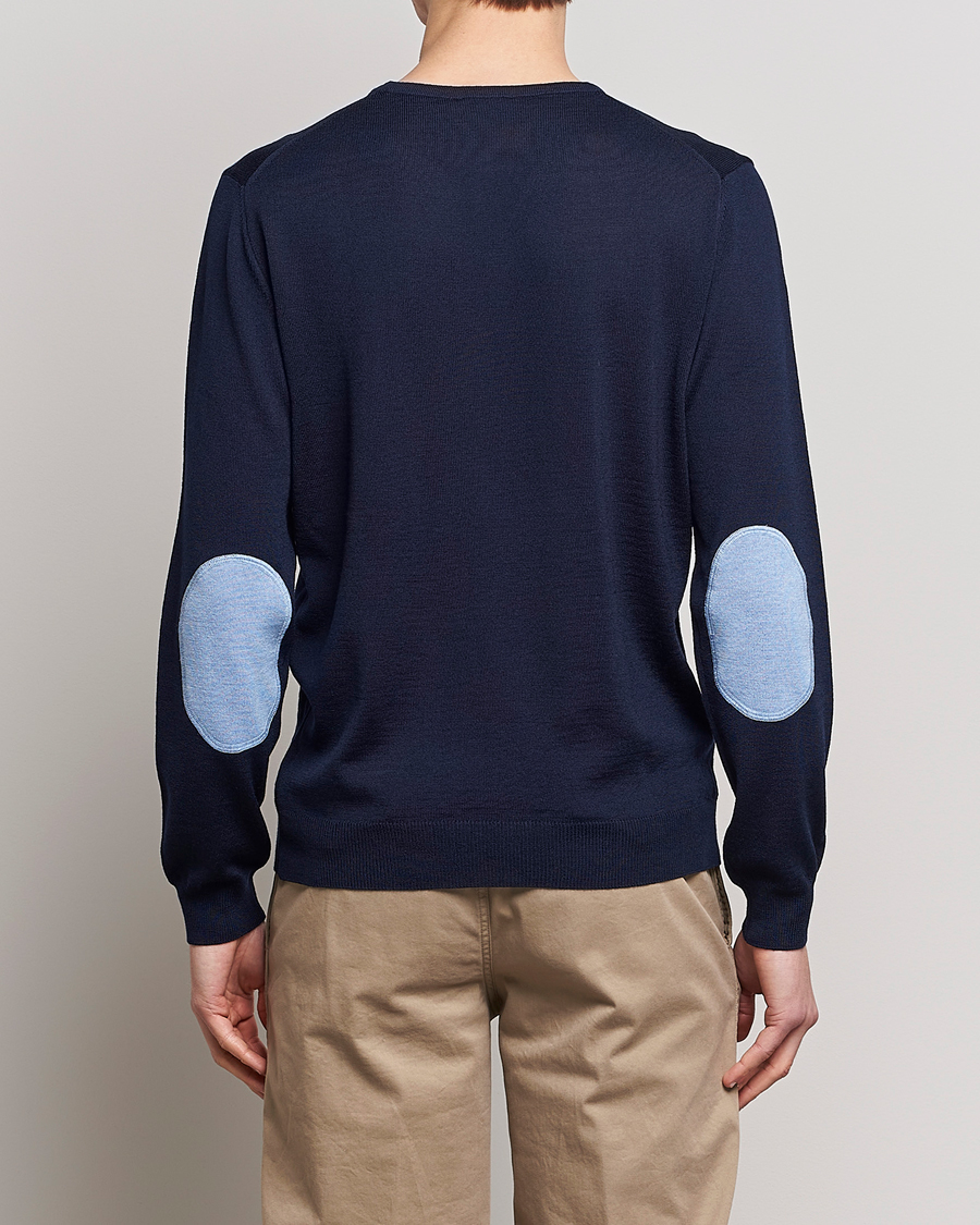 Herren | Pullover | Stenströms | Merino Patch Crew Neck Navy/Light Blue