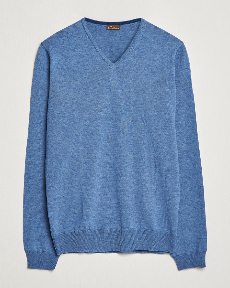 Herren | Pullover | Stenströms | Merino Patch V-Neck Light Blue/Blue