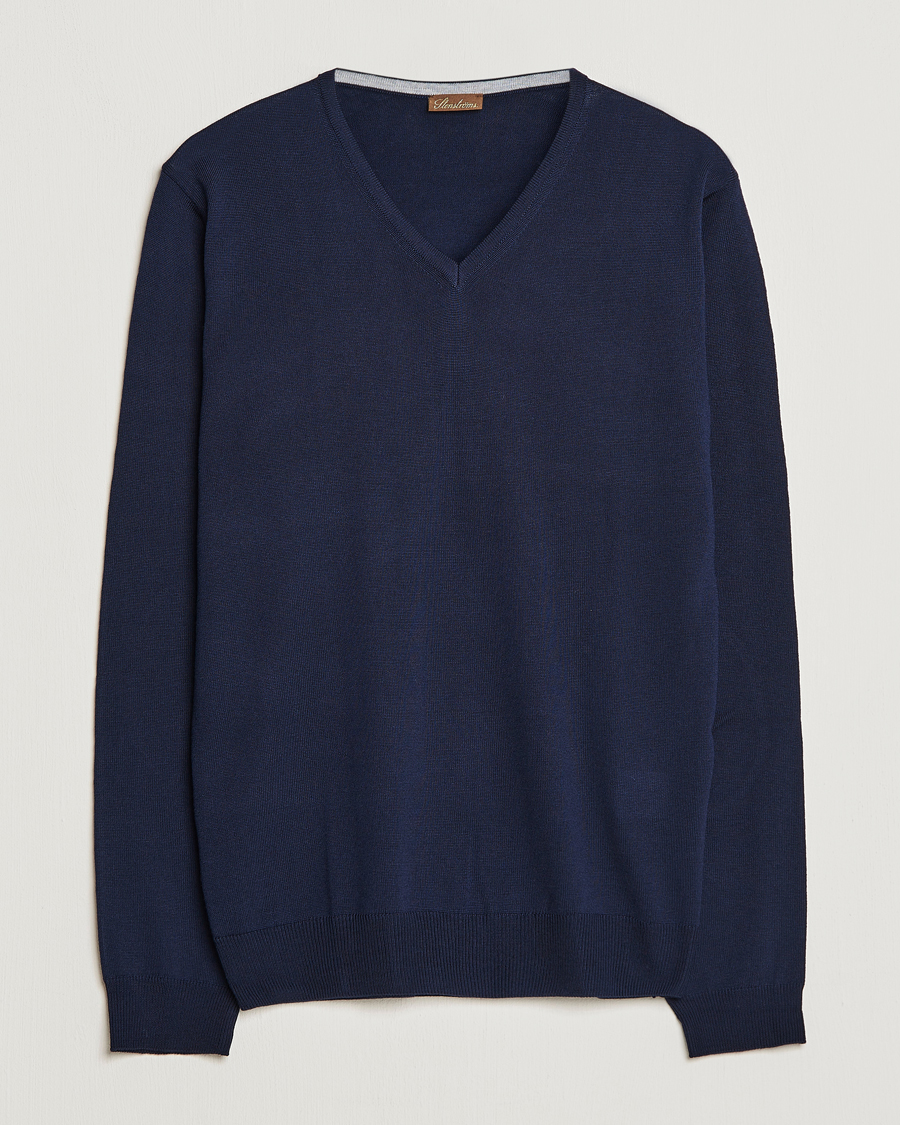 Herren | Pullover | Stenströms | Merino Patch V-Neck Navy/Light Grey