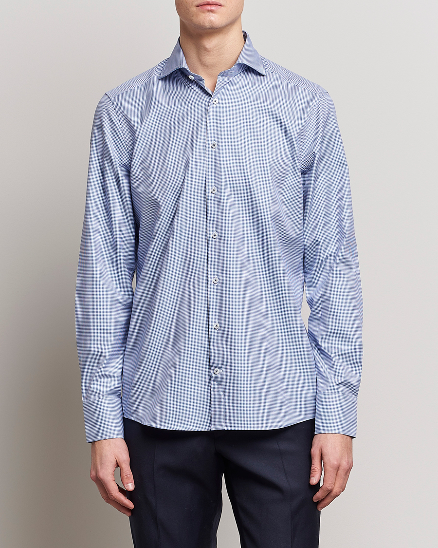 Herren | Hemden | Stenströms | Slimline Small Check Cut Away Shirt Blue