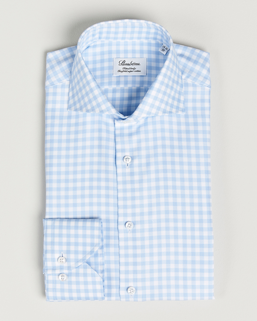 Herren | Hemden | Stenströms | Fitted Body Checked Cut Away Shirt Light Blue