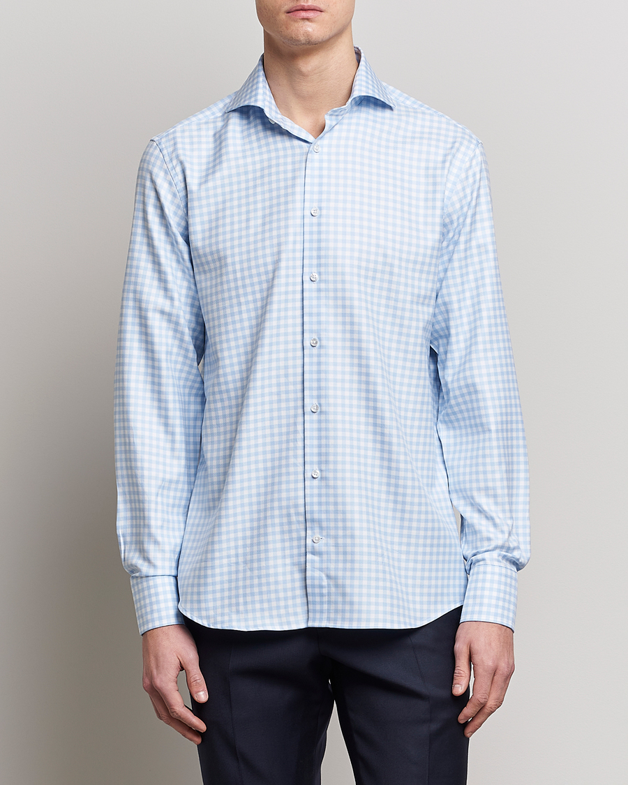 Herren | Hemden | Stenströms | Fitted Body Checked Cut Away Shirt Light Blue
