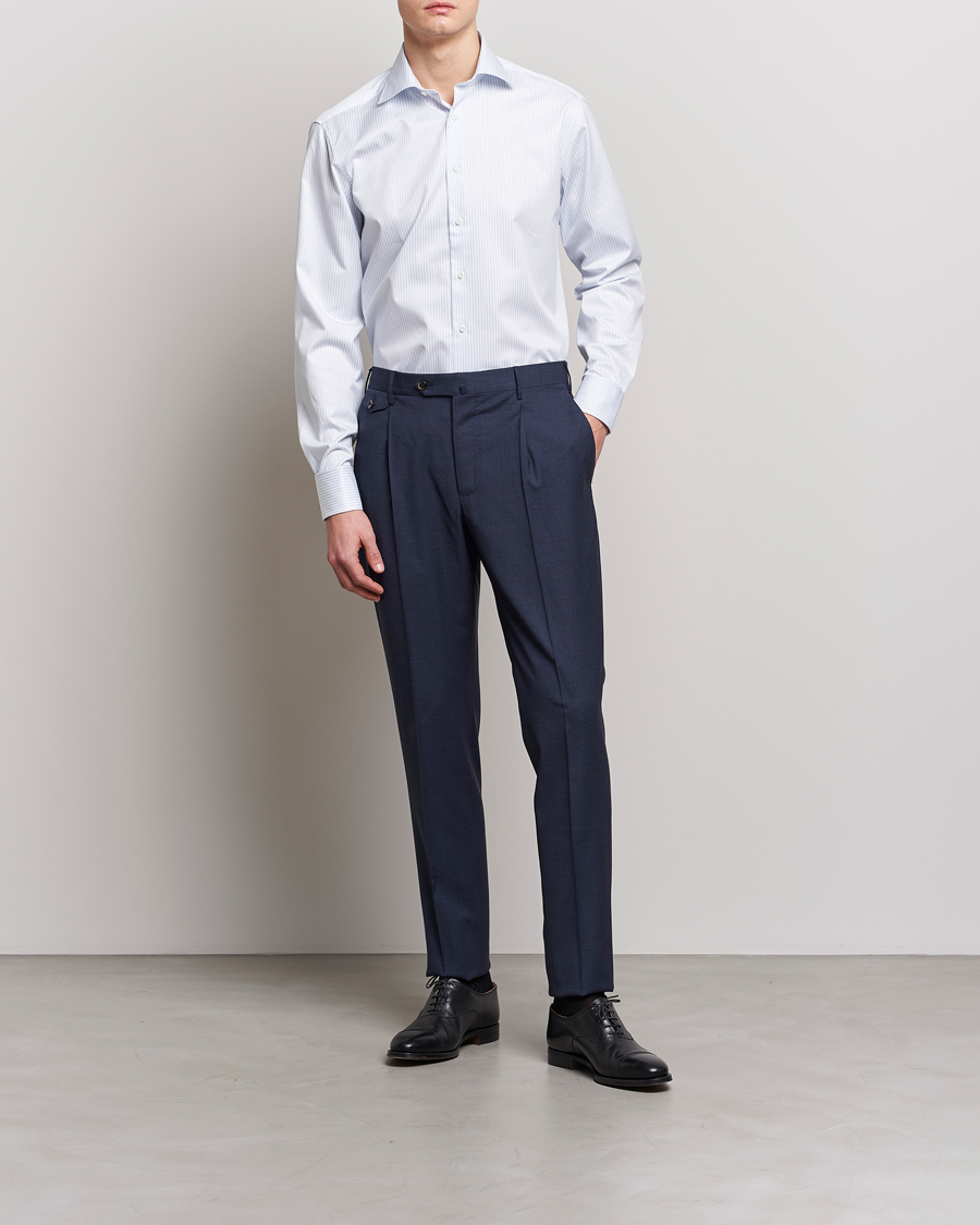 Herren | Business & Beyond | Stenströms | Fitted Body Cotton Double Cuff Shirt White/Blue