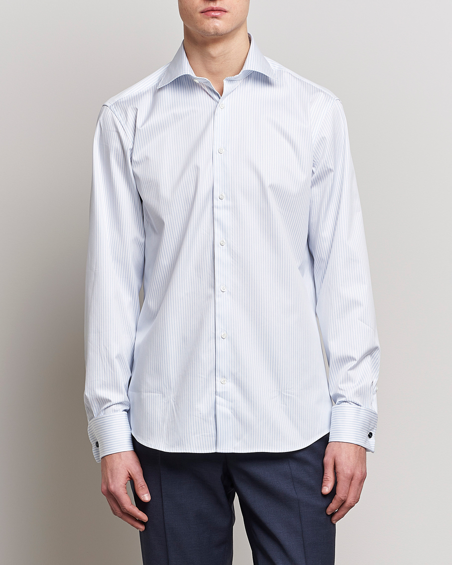 Herren | Hemden | Stenströms | Fitted Body Cotton Double Cuff Shirt White/Blue