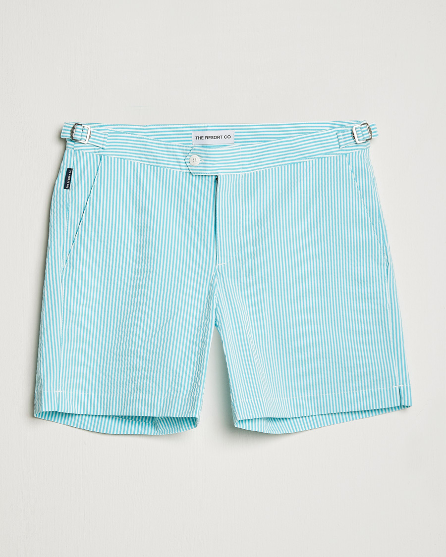 Herren | Badehosen | The Resort Co | Tailored Swim Shorts Turquoise Stripe Seersucker