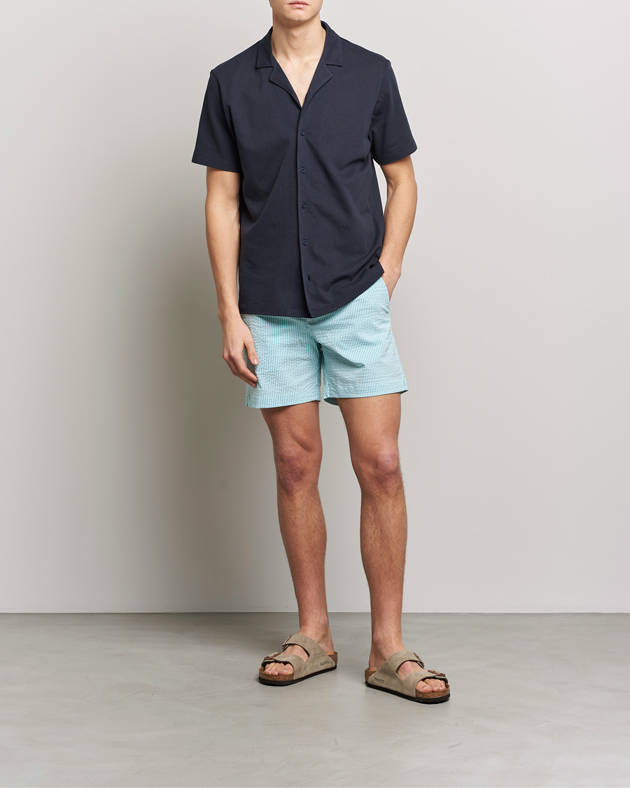 Herren | Badehosen | The Resort Co | Tailored Swim Shorts Turquoise Stripe Seersucker