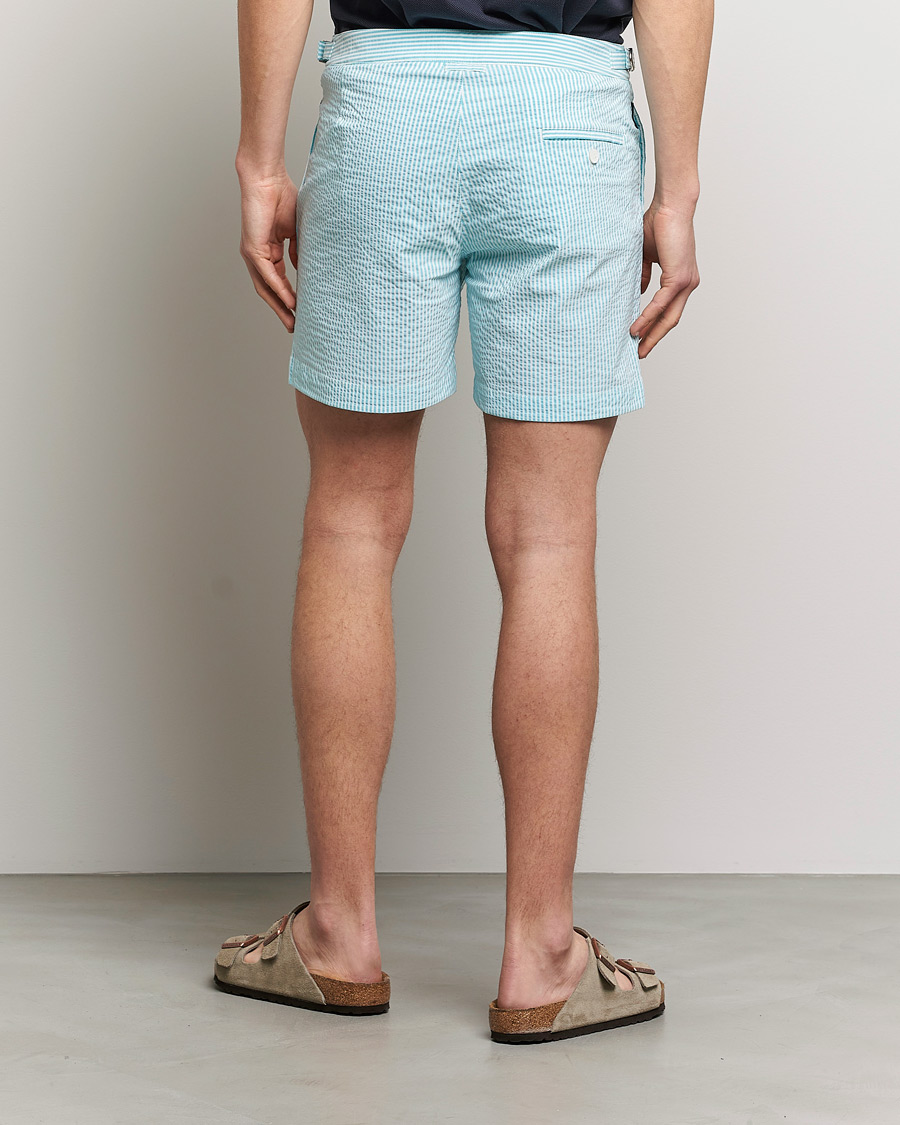 Herren | Badehosen | The Resort Co | Tailored Swim Shorts Turquoise Stripe Seersucker