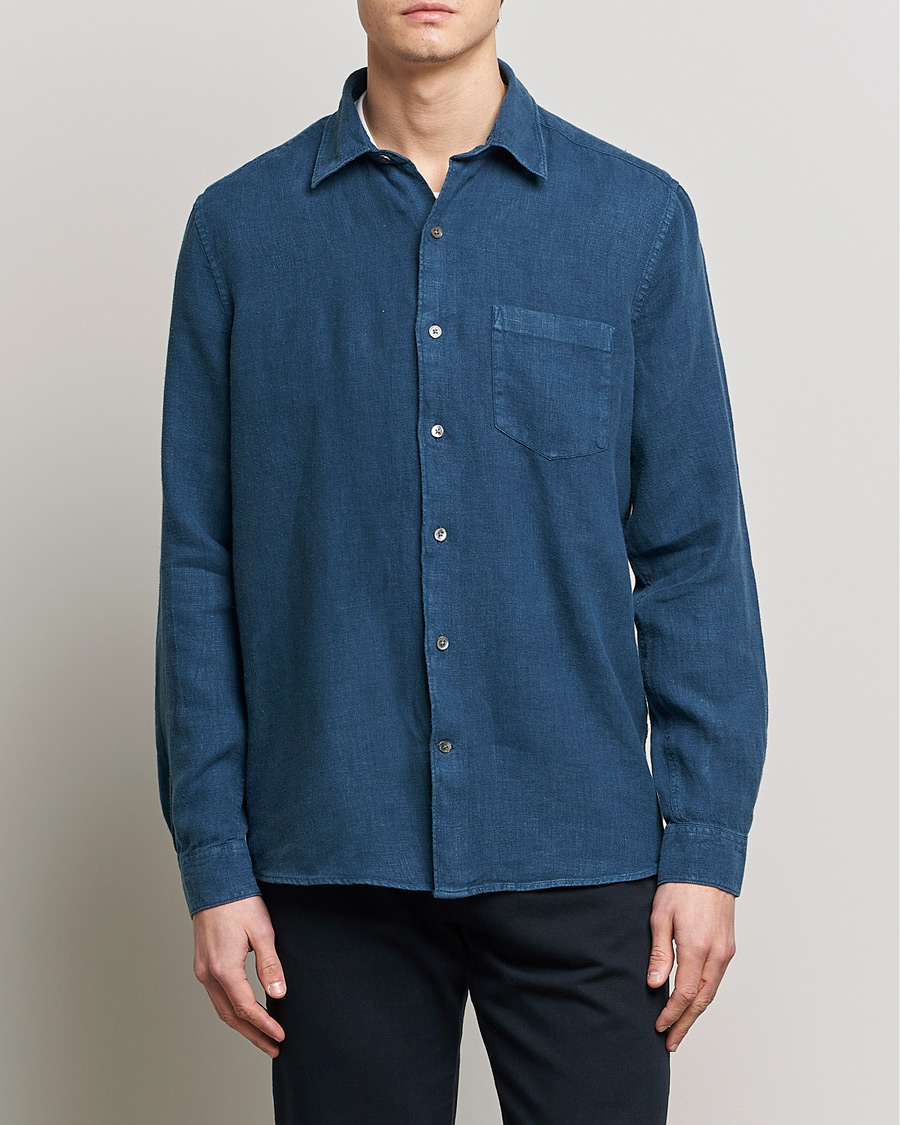Herren | Hemden | A Day's March | Abu Linen Shirt Indigo Blue
