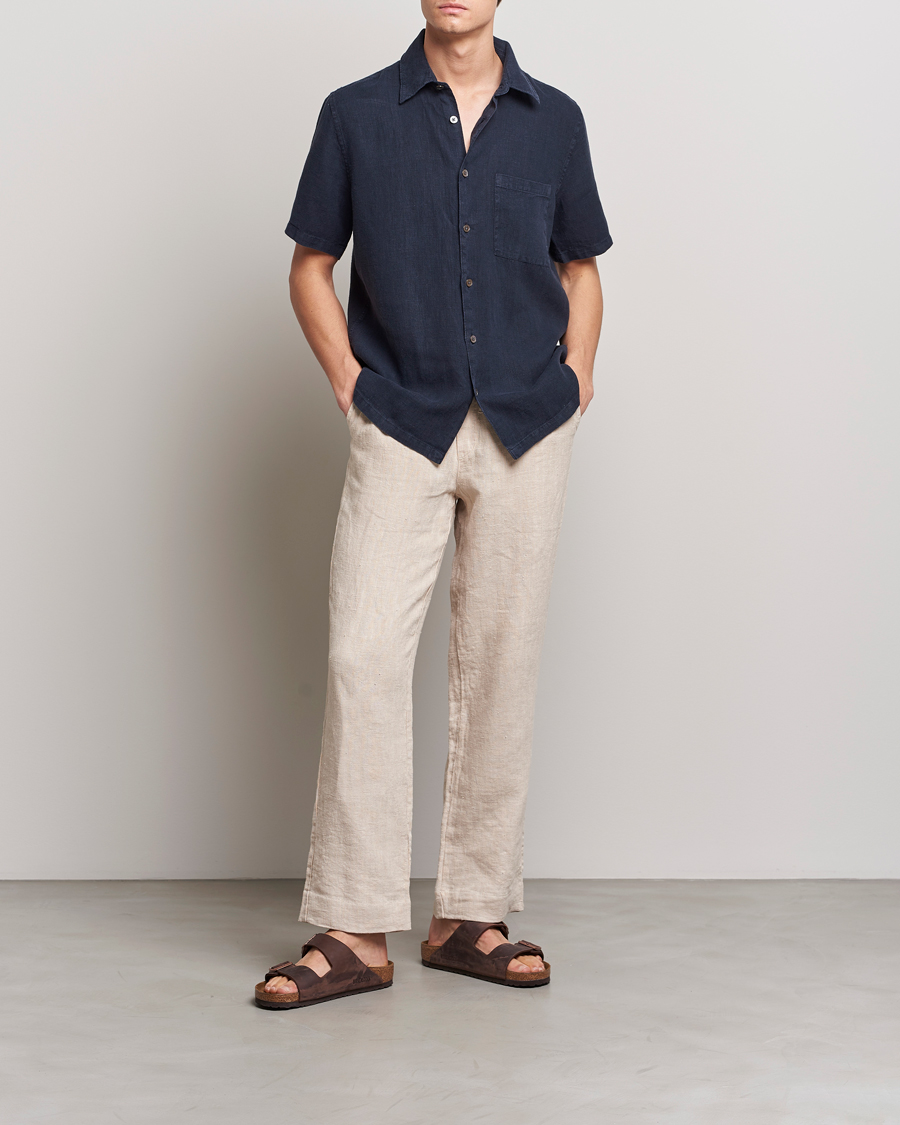 Herren | Hemden | A Day's March | Khito Short Sleeve Linen Shirt Dark Navy
