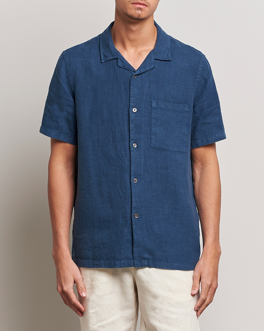 Herren | Hemden | A Day's March | Yamu Short Sleeve Linen Shirt Indigo Blue