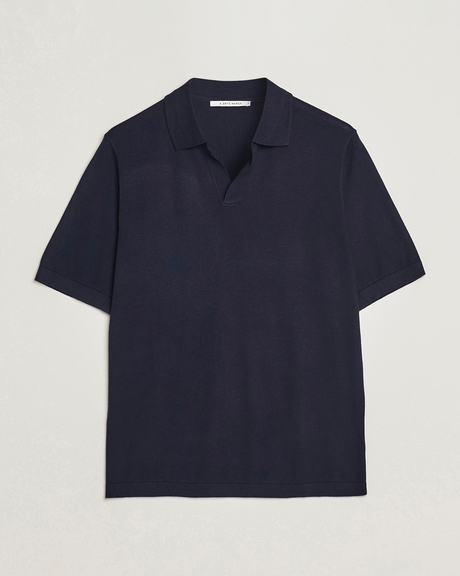 Herren | Poloshirts | A Day's March | Ebro Open Collar Cotton/Wool Navy