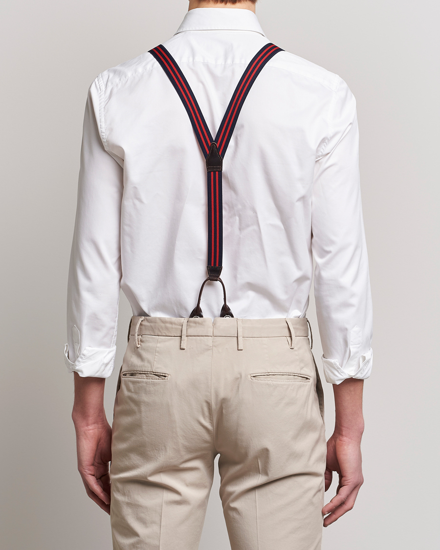 Herren | Albert Thurston Elastic Narrow Stripe Braces 25mm Navy/Red | Albert Thurston | Elastic Narrow Stripe Braces 25mm Navy/Red