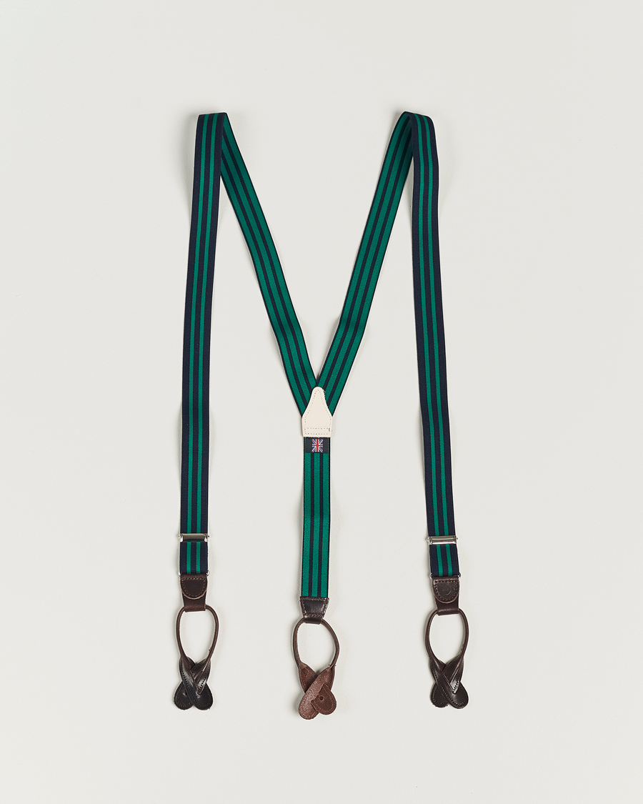 Herren | Albert Thurston Elastic Narrow Stripe Braces 25mm Navy/Green | Albert Thurston | Elastic Narrow Stripe Braces 25mm Navy/Green