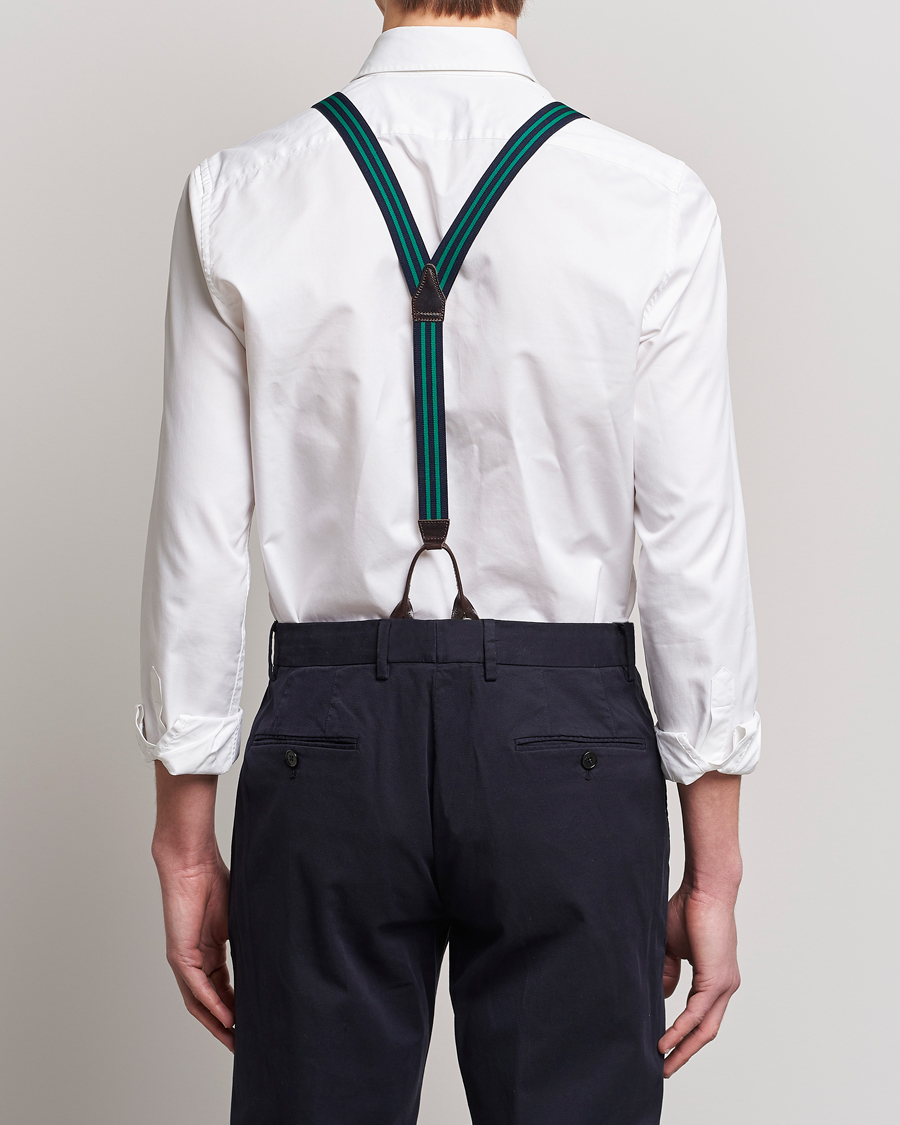Herren | Albert Thurston Elastic Narrow Stripe Braces 25mm Navy/Green | Albert Thurston | Elastic Narrow Stripe Braces 25mm Navy/Green
