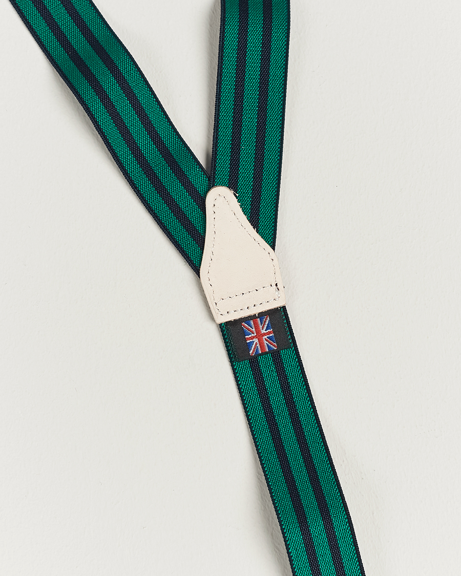 Herren | Albert Thurston Elastic Narrow Stripe Braces 25mm Navy/Green | Albert Thurston | Elastic Narrow Stripe Braces 25mm Navy/Green