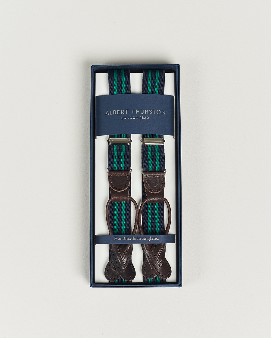 Herren | Albert Thurston Elastic Narrow Stripe Braces 25mm Navy/Green | Albert Thurston | Elastic Narrow Stripe Braces 25mm Navy/Green