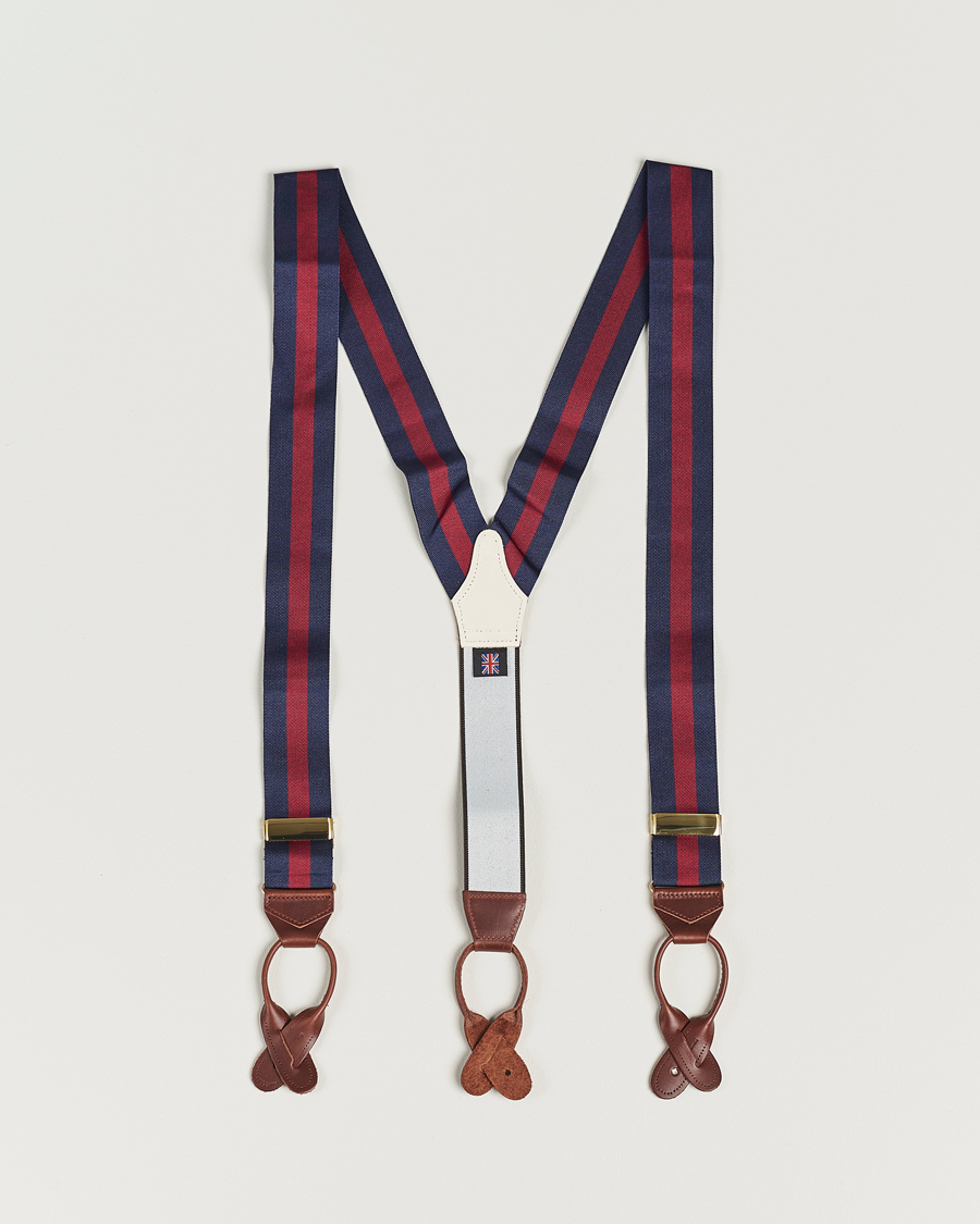 Herren | Albert Thurston Elastic Wide Stripe Braces 40mm Navy/Wine | Albert Thurston | Elastic Wide Stripe Braces 40mm Navy/Wine