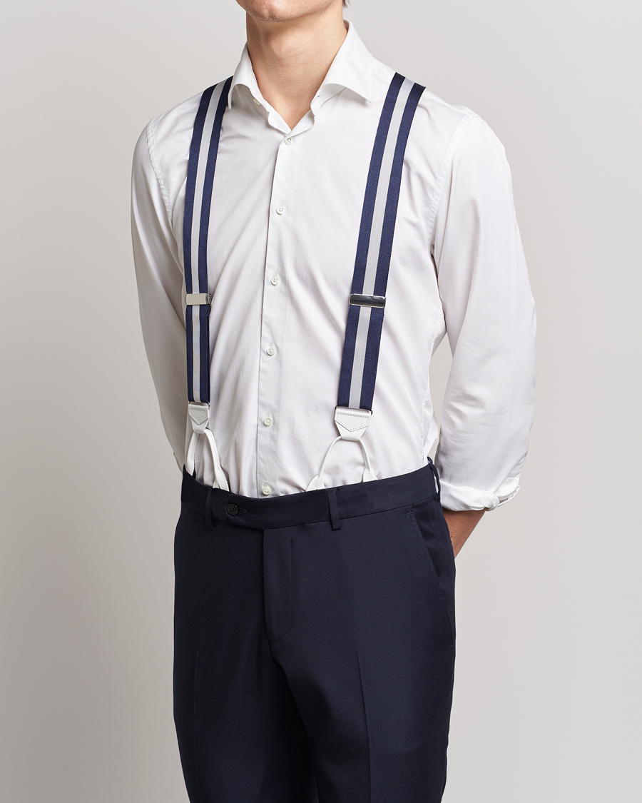 Herren | Albert Thurston Elastic Wide Stripe Braces 40mm Navy/White | Albert Thurston | Elastic Wide Stripe Braces 40mm Navy/White