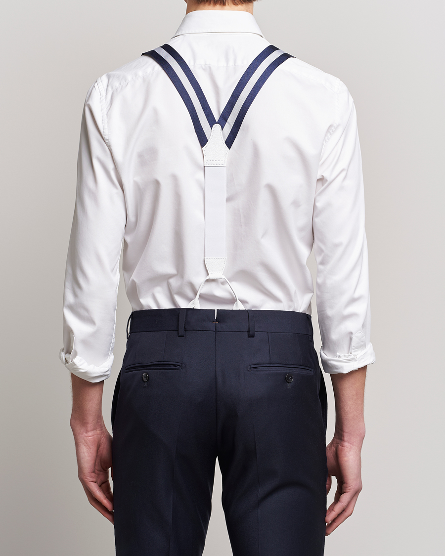 Herren | Albert Thurston Elastic Wide Stripe Braces 40mm Navy/White | Albert Thurston | Elastic Wide Stripe Braces 40mm Navy/White