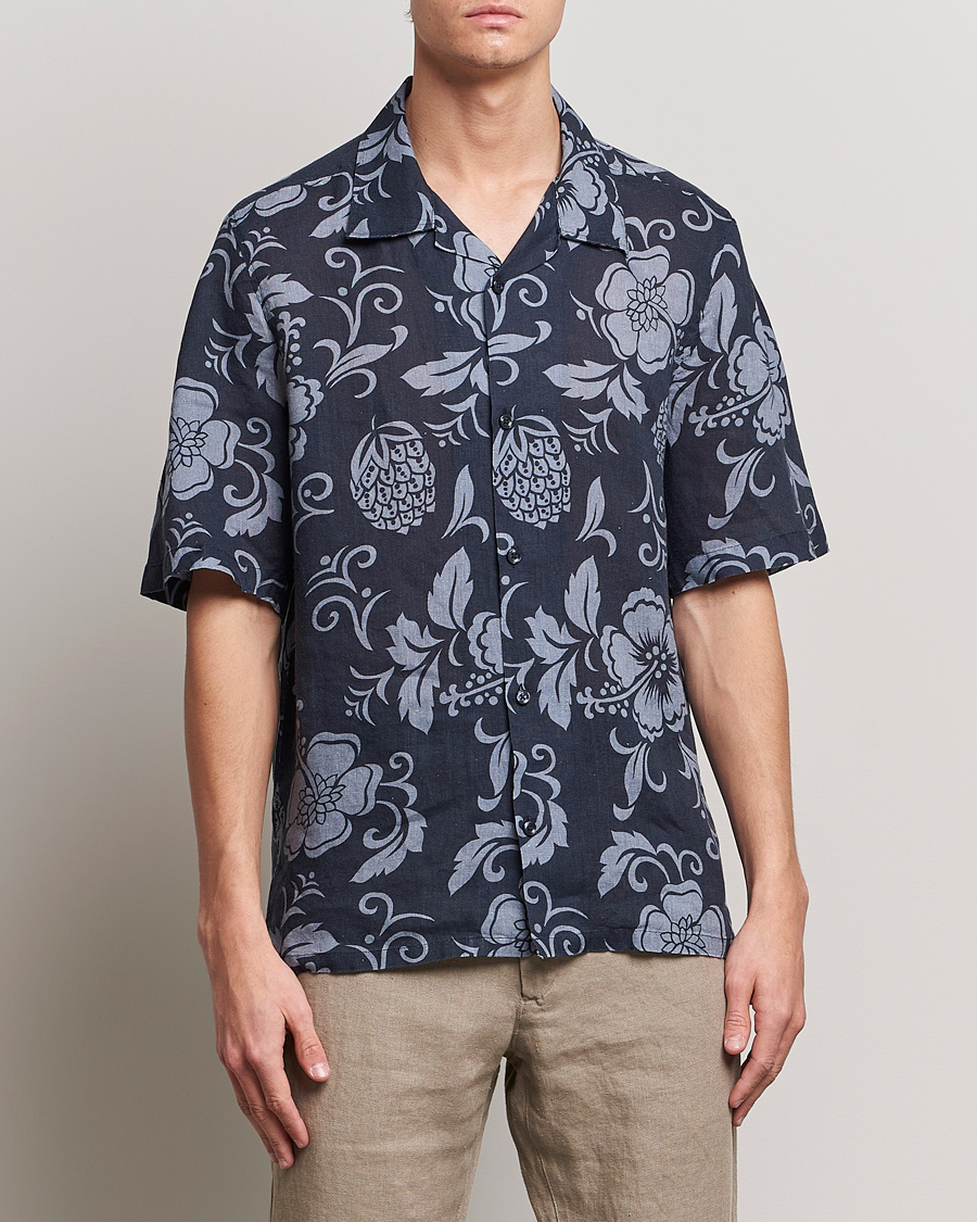 Herren | Hemden | NN07 | Ole Short Sleeve Printed Linen Shirt Navy